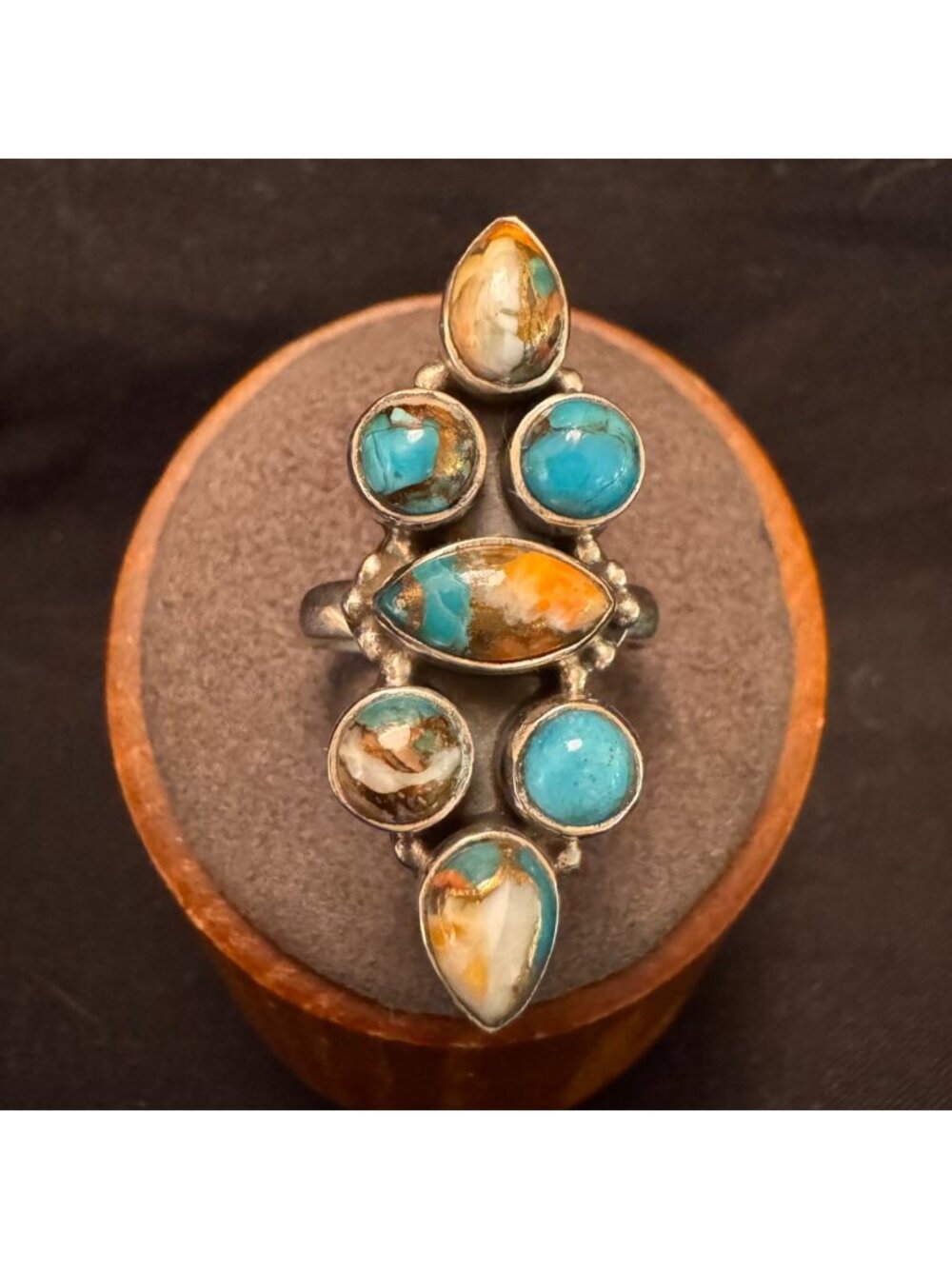Sterling Silver 925 Turquoise & Spiny Oyster Bezel Set Statement Ring Size 6.5